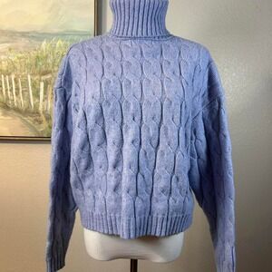 Blue Cable Knit Turtleneck Sweater Cozy Winter - Size S‎